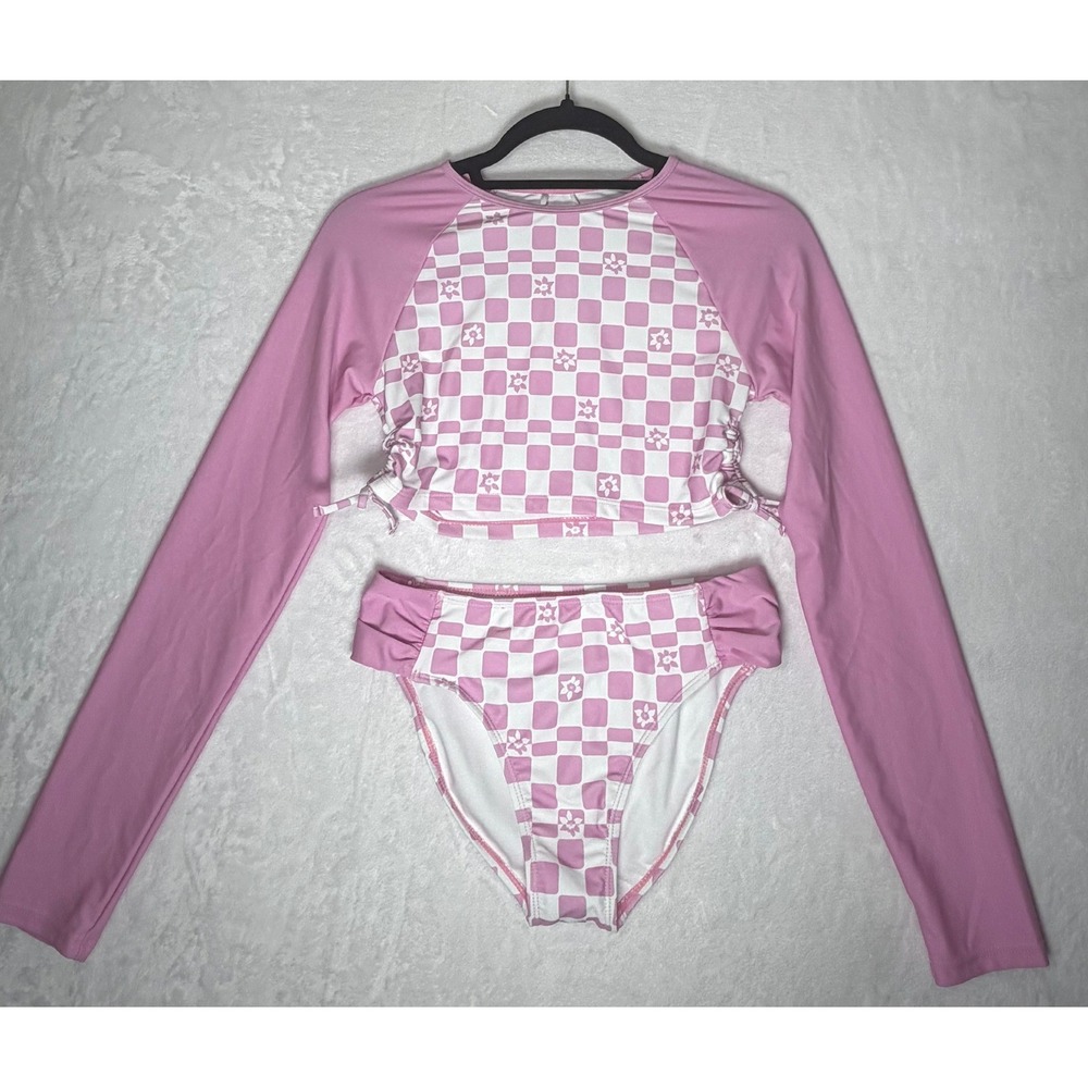 Roxy Girl Kids Size 16 Rash Guard Swimsuit Set Pastel Lavender Checkered UPF 50+